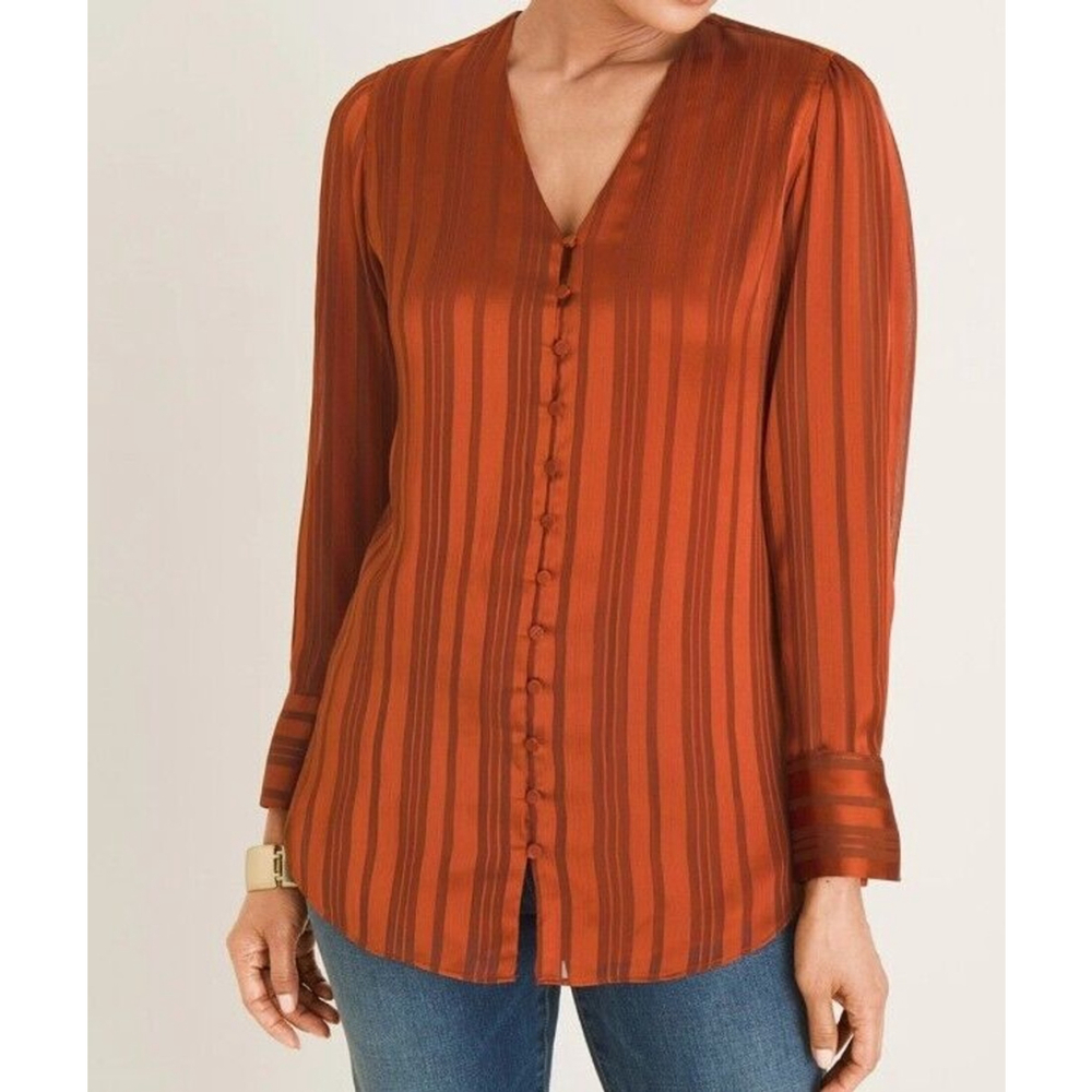 Chicos Blouse Button Up Shirt Orange Blend Long Sleeve Size 1